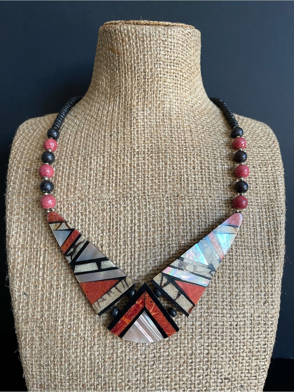 Handcrafted mother-of pearl,apple coral Inlay Statement Necklace.